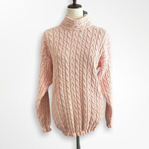 VTG 90s Mockneck Cableknit Pale Pink Ruffled Sweater, L, Sweet Coquette
